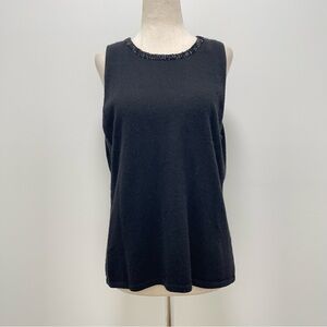 Oscar De La Renta Sequined Neck Sleeveless Cashmere Sweater, Black, Large